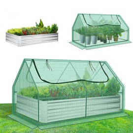 SEJOV 6x3x1ft Galvanized Raised Garden Bed with Cover & 2 Large Windows, Mini Greenhouses for Outdoors, Metal Planter Box Kit for Vegetables Flowers Herbs, 1 Pair of Gloves Included, Green