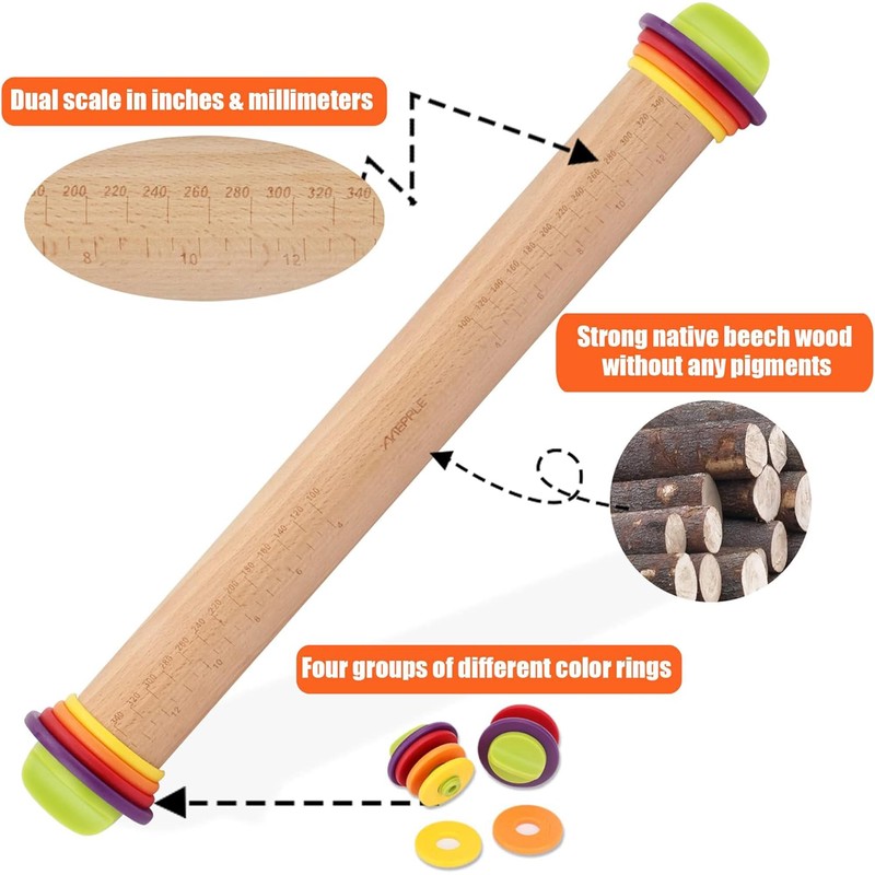 Mepple Adjustable Wooden Rolling Pin with 4 Removable Thickness Rings，Great