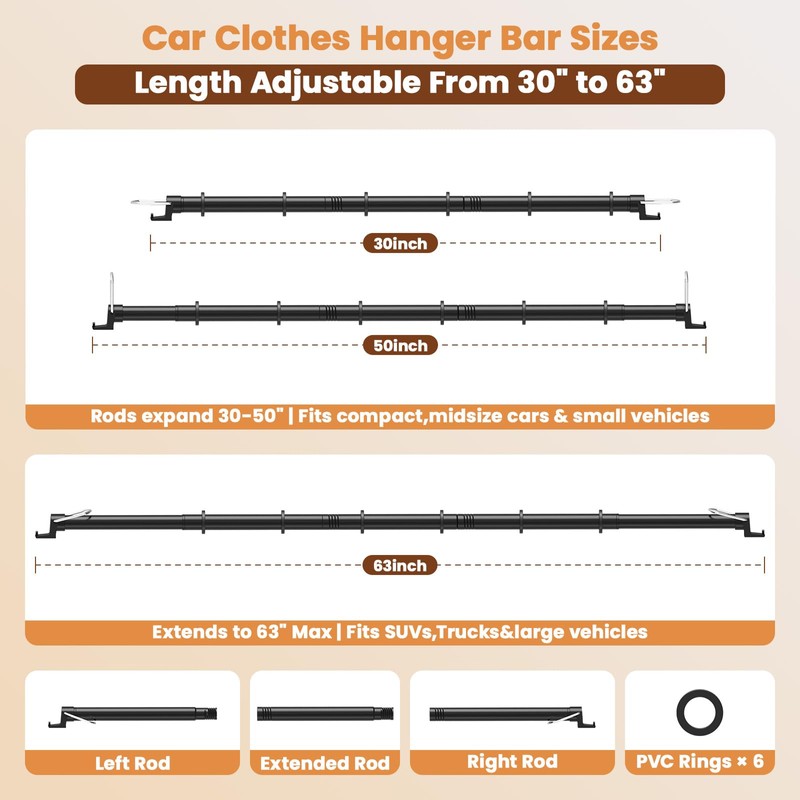 Car Hanging Accessories,Travel Hangers,Telescopic Adjustable 30-63 Inches for Compact &