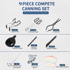 Canning Supplies Starter Kit,Canning Kit for Beginners of 9 with Jar Lifter,Wide Mouth Funnel,Wrench,Tongs,Lid Lifter,Bubble Popper,Canning Labels,ladle,Measuring Spoon-Black