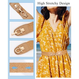 Kajeer Women Belt Elastic Waist, 2 Pcs Women Straw Metal buckle Breathable Boho Braided Belt for Dress Casual
