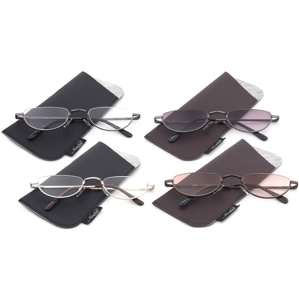 Half Moon Shaped Frame Reading Glasses Spring Hinge Flat Top Slim Frame Men Women Tinted Outdoor Reading Glasses with Pouch +2.50