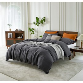 EVERLY100% Pure Linen Duvet Cover Set King Size 104X90Inch 3pcs (1 Duvet Cover,2 Pillowcases) Soft and Breathable for All Season with Coconut Button Closure, Suitable for Hot Sleepers-Dark Grey-King
