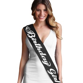 Birthday Sash for Women - Flourish Birthday Girl Premium Quality Sash - Birthday Party Decorations - Black Sash(Bdy GRL Wt) BLK