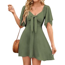 LLHXRUI Women's Twist Front Bowknot Ruffle Spring Summer Dress Casual Deep V Neck Elegant Bow tie Flowy Tunic Mini Dresses(Large,Dark Green)
