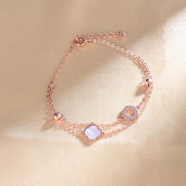 INFINIONLY Fashion Women's Silver Bracelet 925 Silver White Mother of Pearl - Circle with Zirconia Bracelets Elegant Double Adjustable Anchor Chain Clover Girl Rose Gold Bracelet, Sterling Silver,