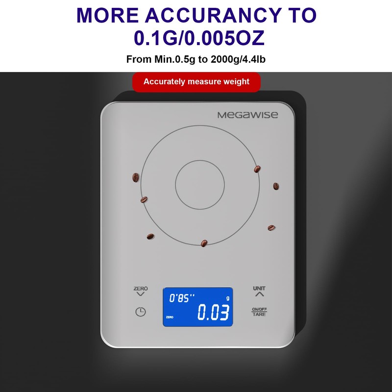 MEGAWISE High Precision Coffee Scale with Timer, Dual Power Supply,