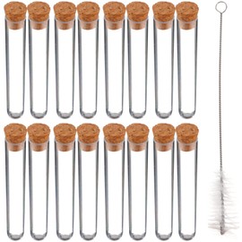 UKCOCO 1.2x7.5cm Plastic Clear Test Tubes Set, 100Pcs with Cork Stoppers and 1 Brush for Liquid and Powder Storage, Perfect for Scientific Experiments