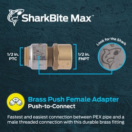 SharkBite Max 1/2 x 1/2 Inch FNPT Adapter, Push To Connect Brass Plumbing Fitting, PEX Pipe, Copper, CPVC, PE-RT, HDPE, UR072A