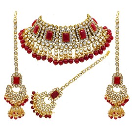 Aheli Traditional Faux Kudan Choker Necklace Earrings Maang Tikka Set Bollywood Wedding Indian Bridal Fashion Jewelry for Women