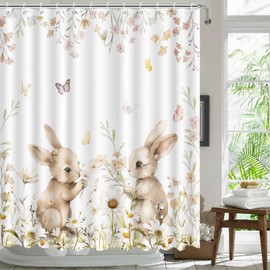 MEHOFOND Spring Easter Bunny Shower Curtain for Bathroom Cute Rabbits Daisy Plant Watercolor Wildflower Shower Curtain Set with Hooks Spring Easter Theme Bathroom Decor Washable Durable Fabric 72"x72"