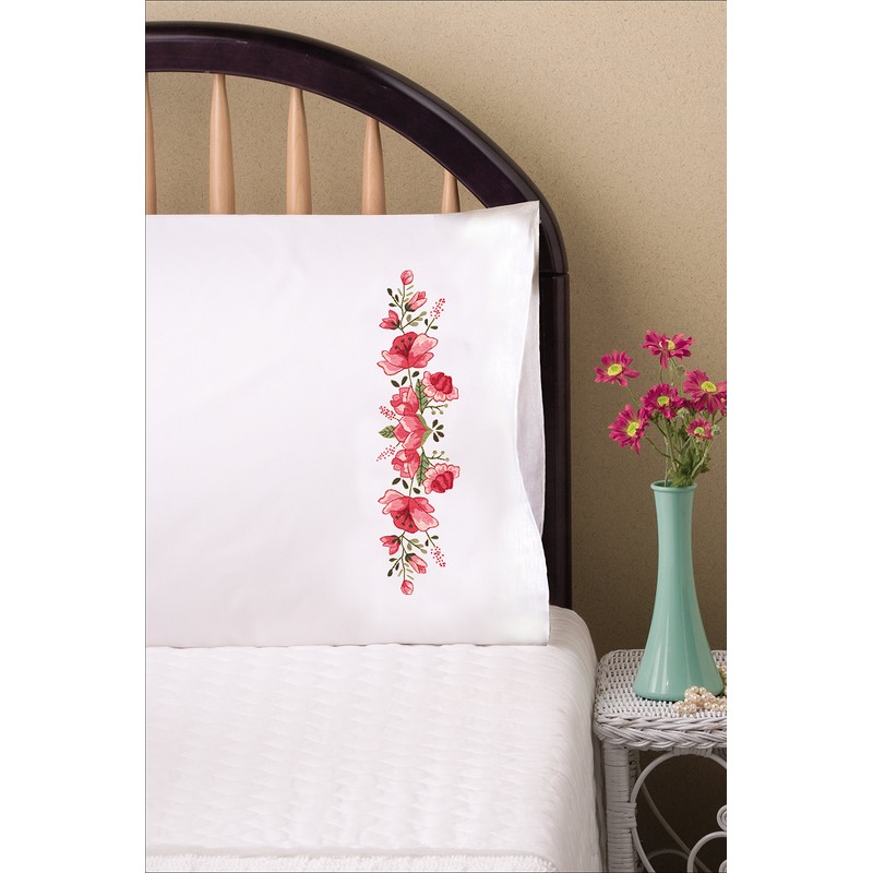 Tobin Stamped Pillowcases, Pink Floral, 20" x 30" Embroidery Kit