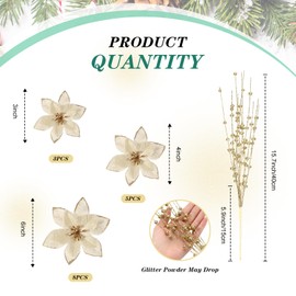 Canlierr 32 Pcs Christmas Tree Poinsettia Flowers and Berry Stems, 16 Pcs 3 Sizes Artificial Poinsettia Ornaments 16 Pcs Large Glitter Berries Branches for Christmas DIY Wreath Home Decor(Gold)