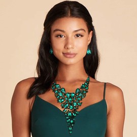 Flyonce Wedding Party Costume Jewelry Set, Rhinestone Crystal Teardrop Long Chunky Bib Collar Statement Necklace Hook Earrings Set Red