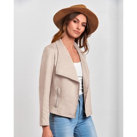 BTFBM Womens Faux Suede Jackets Dressy Spring Summer Clothes 2025 Lapel Long Sleeve Open Front Cropped Outerwear Coats(Solid Beige Apricot, Small)