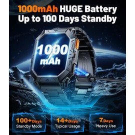 FEELNEVER Militär-Smartwatch für Herren (1000-mAh-Akku), 4,96 cm Amoled-Smartwatches mit Anrufannahme, Smartwatch mit Herzfrequenz-SpO2-Monitor, 5 ATM wasserdichte Sport-Fitnessuhr für Android iOS