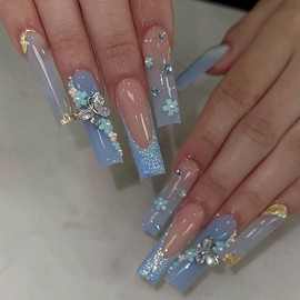 BABALAL Long Square Press on Nails Blue French Fake Nails Glitter Glue on Nails 3D Butterfly Rhinestone Flower Acrylic Nails Squoval Manicure False Nails for Women and Girls