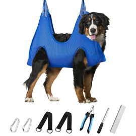 Dog Grooming Hammock Pet Dog Grooming Harness Grooming Sling with with Nail Clipper File Comb for Dogs Cats (Blue, L)