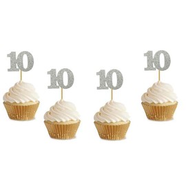 Glitter Sliver 10th Birthday Party Anniversary Party Cupcake Toppers. 24 Pack Number"10" Cupcake Toppers