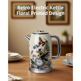 INFOOD Retro Electric Kettle 1.8L/60.8oz with Thermometer - 1200W Fast Boiling Stainless Steel Tea Kettle with Water Level, BPA-Free, Auto Shut-Off, Boil-Dry Protection, Vintage Floral Design
