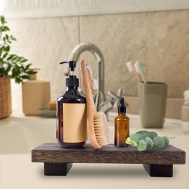Small Wood Tray Pedestal Stand Farmhouse Bathroom Decor Decorative Wooden Riser Kitchen Soap Dish Holder for Vanity, Counter, Sink, 9" x 6"