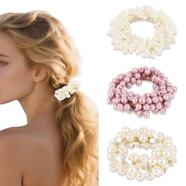Esitrormi Pearl Hair Scrunchies hair ties for thick hair ponytail holders hair elastics bachelorette party wedding bridal boho summer vacation prom hair accessories for women girls（Pack of 3）