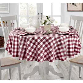 Home Bargains Plus Country Rustic Buffalo Plaid Cotton Fabric Tablecloth, Checkered Cottage Gingham Easy Care Tablecloth, 70” Round, Burgundy