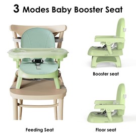Bella’s Friends 3-in-1 Toddler Booster Seat for Dining Table and Kitchen Chair with Adjustable Double Layer Tray and Safety Straps, Foldable&Portable Baby Floor Seat with Removable Cushion, Green