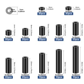 KWOKWEI Pack of 250 Round Spacers, Plastic Spacer Sleeves ID 3 mm OD 7 mm, Black Nylon Washers without Thread, 3 mm to 12 mm Length Insulation Washers for Screws M3