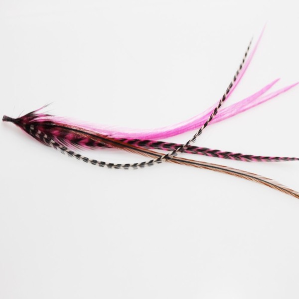 6 Feathers in total ranging 5" -6" Natural Mix with Hot Pink and Grizzly for Hair Extension