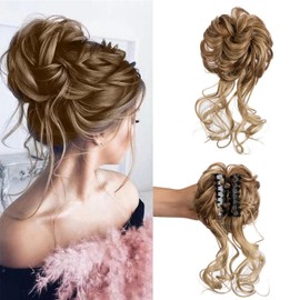 Claw Clip Messy Bun Hair Piece Tousled Updo Hair Buns Extension Elastic Hair Band Hair Pieces Curly Hair Bun Scrunchie For Women (Brown Mix Blonde)