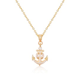 Fire beetle Gold Anchor Pendant Necklace for Women, 14K Gold Plated Anchor Pendant Necklace with Sparkly Cubic Zirconia Nautical Statement Necklace Summer Vacation Ocean Jewelry Gift for Women Men