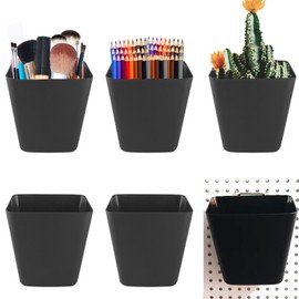 Pegboard Cups with Hooks 6 Pack - Peg Board Organizer Accessories Fits 1/8" & 1/4" Pegs - Storage Bins Aesthetic Decoration for Garage Craft Room Playroom Office Workbench Organization (Black)