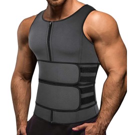 Memoryee Men's Neoprene Sauna Vest Body Shaperwear Sweat Vest Waist Trainer Fitness Corset Zip Tank Top, Grey (double belt)