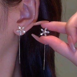 Atentuyi Cz Flower Stud Earrings Gold Threader Earrings Long Chain Earrings Chain Drop Earrings Chain Tassel Earrings Cz Flower Earrings Long Dangle Earrings Jewelry for Women and Girls