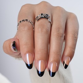 French Tip Press On Nails, Short Almond French Tip Fake Nails Glaze Finish Blue Tip Design, Reusable Stick On Nails with Glue for Women, 32pcs Set in 16 Sizes | Salon Quality