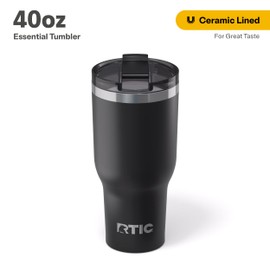RTIC 40oz Essential Tumbler with Lid, Insulated, Stainless Steel, Metal, Double Wall Vacuum-Insulation, Ceramic Lined, Travel Cup for Iced Coffee, Tea, Hot and Cold Drink, Graphite