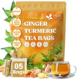 FreshDrinkUS, Premium 85 Ginger Turmeric Tea Bags, 100% Natural Ingredients, Hand-made Blend of Ginger and Turmeric Herbal Tea, Eco-conscious Tea Bags. No Sugar, No Caffeine, No Gluten, Vegan.