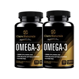 iCare Naturals - TWIN PACK Halal Omega 3 Fish Oil Supplements - 300 mg EPA/200 DHA, Fish Gelatin Softgel Capsule and Gluten Free - 1000 mg