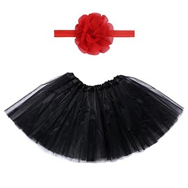 FAIZUL Girl Tutu Skirts, Baby 3 Layered Tulle Tutu Dress, Kids Ballet Dance Fluffy Skirt with Flower Headband Black, One Size