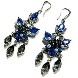 Blue, Clear & Gray Crystal & Glass Chandelier Drop Earrings, Crystal Glass Metal, crystal glass