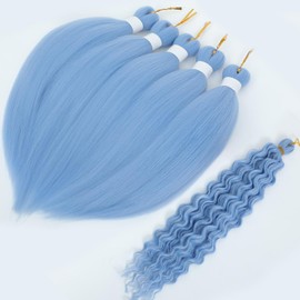 Braiding Hair Pre Stretched BraidingHair Deep Wave Braided Hair’s Boho hair for braiding 16inch 6pack Prestretched Braiding Hairstyle Crochet Hair Deep Wave Braided Hair (Sky Blue)