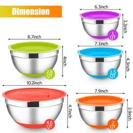 E-far Stainless Steel Mixing Bowls with Lids Set, 5-Piece Nesting Salad Bowls with 3 Grater Attachments and Non-Slip Bottoms, Size 4.6, 2.6, 2, 1.5, 1QT for Kitchen (Colorful)