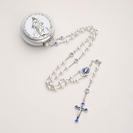 6mm Glass Pearl Beads Catholic Rosary Necklace for Women Men with Virgin Mary Center Piece and Crucifix Pack in Metal Gift Box (White With Metal Box)