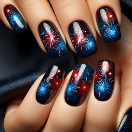 LPOODDNU Medium Square Press on Nails Colorful New Year Firework Fake Nails Glossy Blue Red Black Acrylic False Nails Kit Cute Glue on Nails Reusable Stick on Nails for Women Finger Manicure DIY