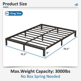 Fly-CTsoar 9 Inch Low King Bed Frame Heavy Duty Metal Platform, No Box Spring Needed, Easy Assembly Mattress Foundation, No Noise, Black