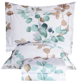 QSH 100% Cotton Sheets for Queen Size Bed, Gradient Teal Blue Leaves Plant Pattern Botanical Luxury Cotton Printed Floral Bedding Sheets Queen Soft and Breathable 4pcs Deep Pocket Sheet Set