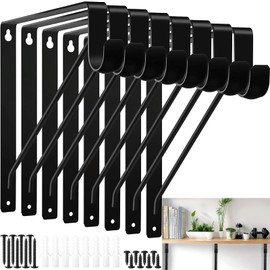 8 Pack Heavy Duty Closet Rod Brackets with Rod Holder - 11 Inch Black Wall Mounted Shelf Brackets, 300 lb Capacity for Storage Organization
