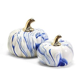 Two’s Company Set of 2 Marbled Blue and White Pumpkins with Gold Stem Ceramic