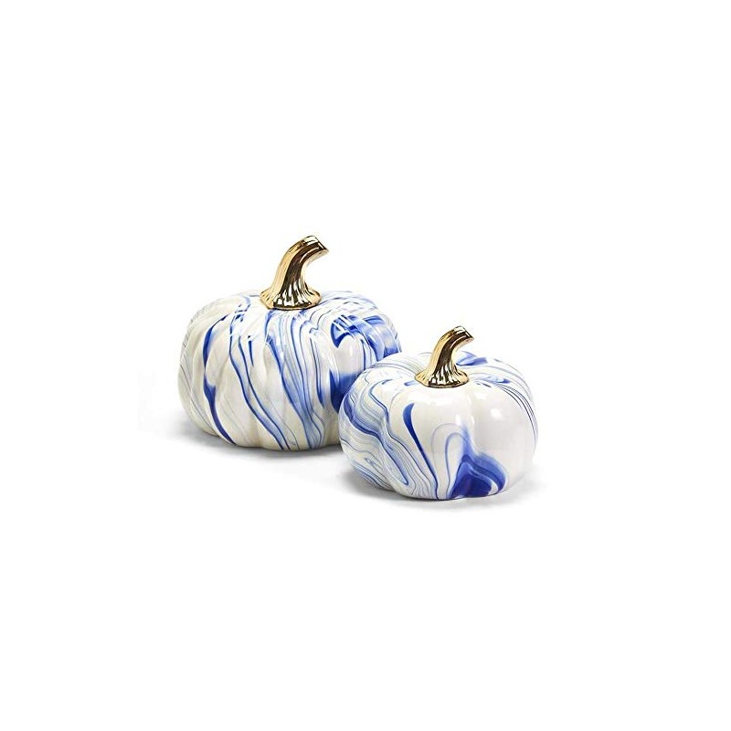 Two’s Company Set of 2 Marbled Blue and White Pumpkins